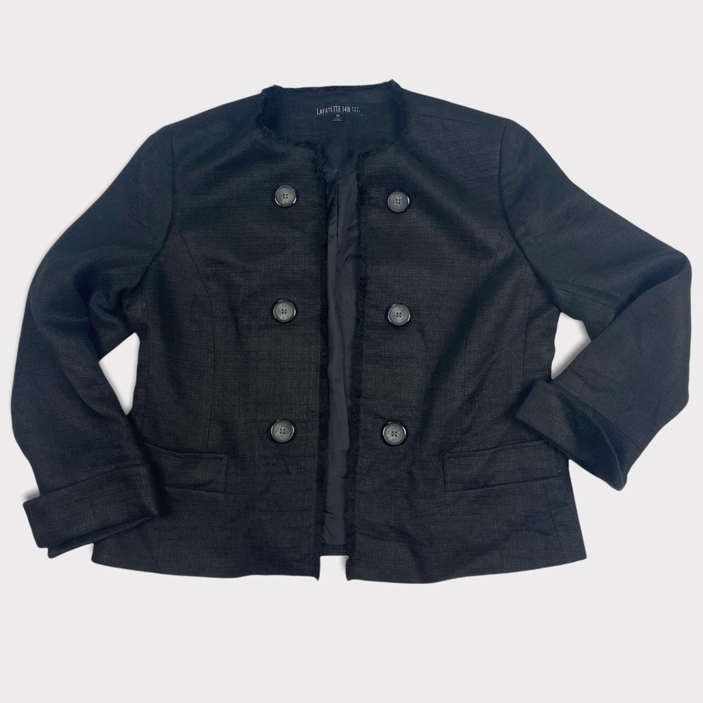 Lafayette 148 New York Womens Black Woven Linen Raw Edge Blazer